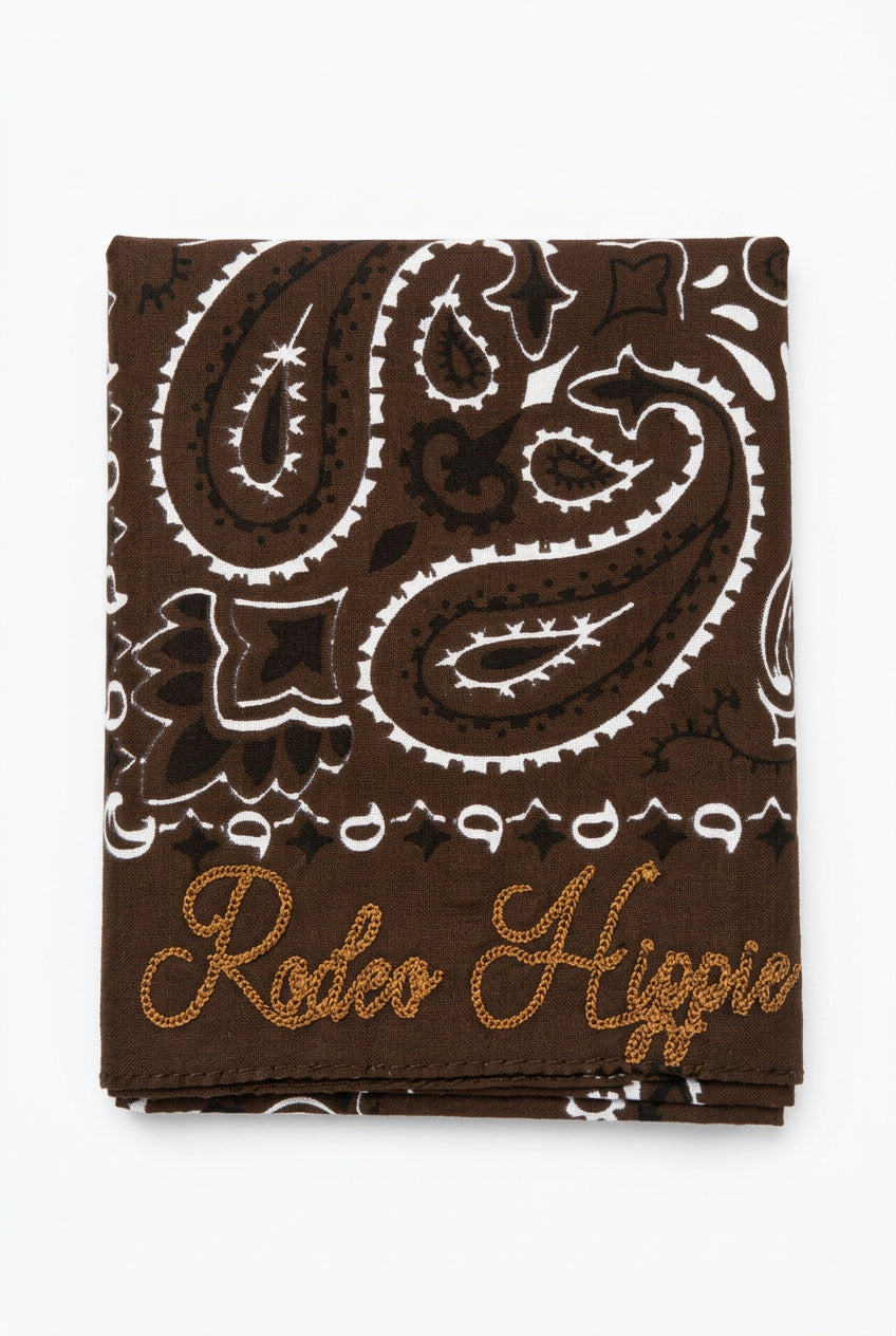 Trestles Clothing Company brown paisley bandana with Rodeo Hippie chainstitched embroidery and stonewashed finish.